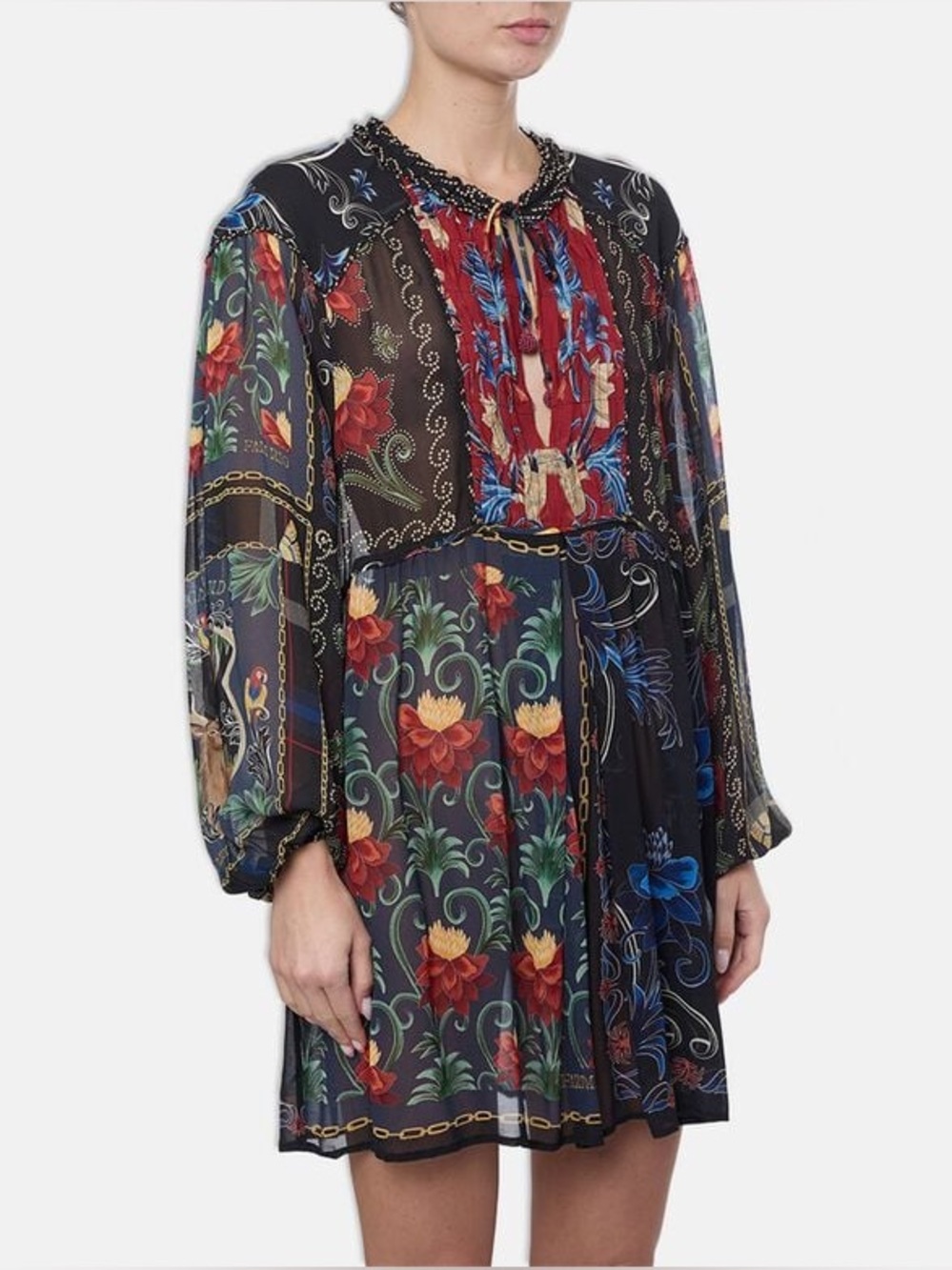 NWT Farm Rio Mixed Arabesque Scarf Back Long-sleeve Mini $572 Dress XS